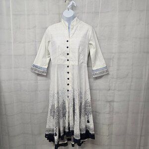 Biba White Blue Boho Kurta Tunic Blouse Sheer Festival Hippie Ethnic 34 (S)